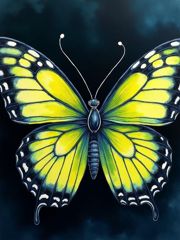 Close-up portrait of a confused butterfly on a dark background. Hand-drawn details in watercolor tones resembling 1990s manga art style. Combines linework and fluid color transitions. Rich, saturated colors create luminosity. Mixed media painting technique with impasto textures. Watercolor and ink blend with manga influences