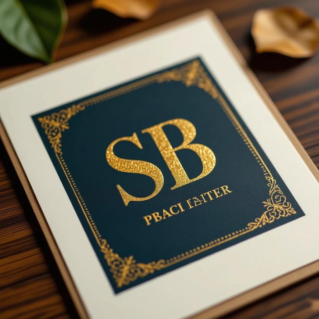 A vintage photo featuring a logo with the initials SB in gold texture. The logo is printed on high-quality stationery. The stationery is placed on a wooden table with natural elements like leaves surrounding it. The image portrays a sense of elegance and style.