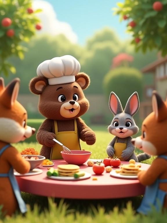 A 3D Pixar styled whimsical cooking class outdoors in a sunny garden with anthropomorphic animals. A bear in a chef hat leads the class demonstrating a recipe at a table filled with colorful ingredients. A cat stirs a bowl a rabbit chops vegetables a fox flips pancakes and a raccoon reads a cookbook with each animal wearing a tiny apron. Scene is bright cheerful and cartoon-styled with detailed background of plants and cooking tools.