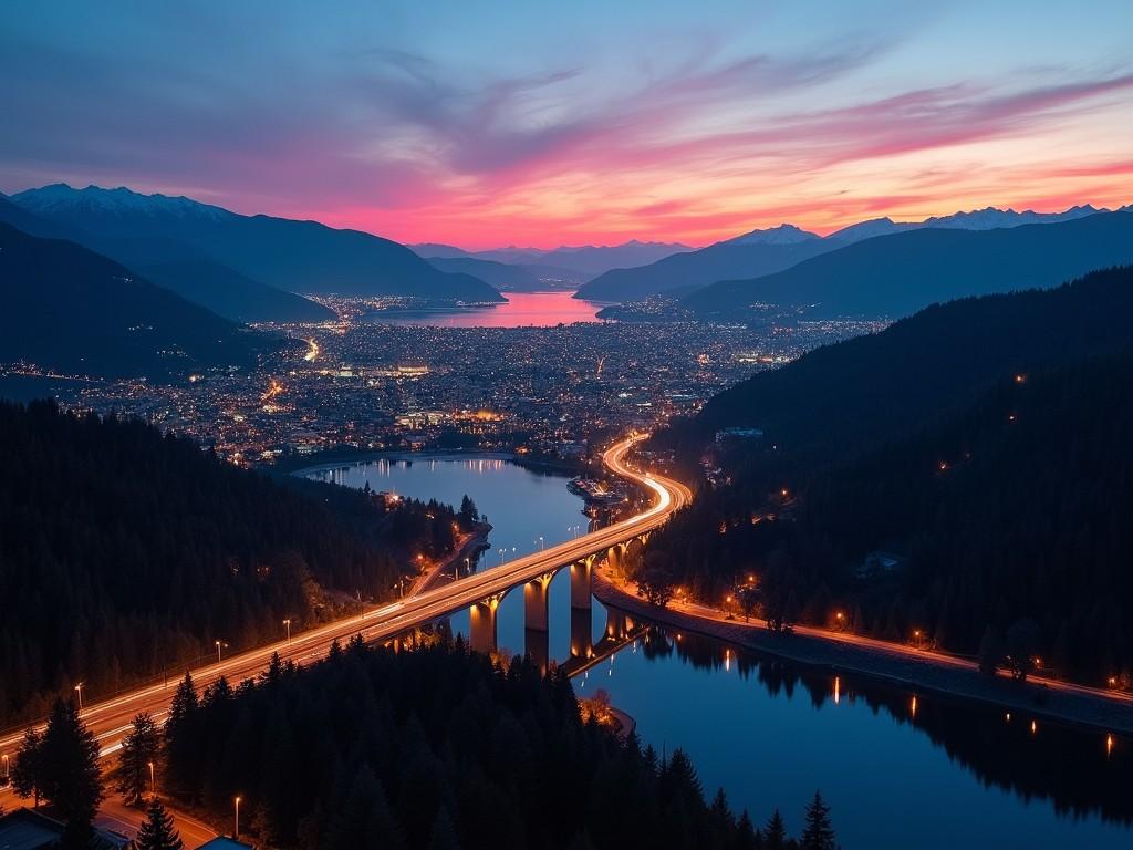 a breathtaking view of a city at dusk, featuring a highway bridge illuminated by city lights, with a backdrop of mountains and colorful skies