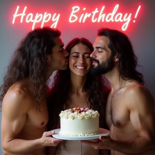 A trio stands holding a cake. Two tall men and one petite woman are smiling. They have extremely long hair. The men kiss the woman on her cheeks. A neon sign reads 'Happy Birthday!' in the background.