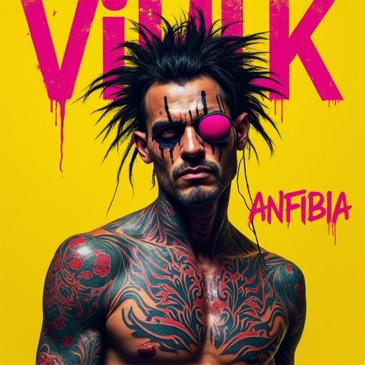 Realistic disturbing poster with neon yellow background and pink punk letters. Man painted like black frog, wearing bright pink lenses. Tribal tattoos cover body. Leaning over keyboard with mutant amphibian pose, psychotic gaze and aggressive stance. Text includes - Croak - VIRULA ANFIBIA - Keyboard
