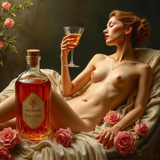 Renaissance-style painting of a modern goddess in a spa. She reclines with roses around her. An apothecary bottle of ALFRUNO sits nearby. The goddess toasts with a glass. Golden hues create a warm glow. The scene evokes elegance and grandeur.