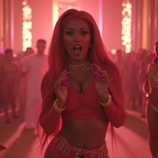 Vibrant music video scene featuring a female artist in stylish attire. Bright lighting accentuates the atmosphere. Energetic crowd in background. Dance and fashion elements prominent. Emphasis on female empowerment and bold fashion choices.