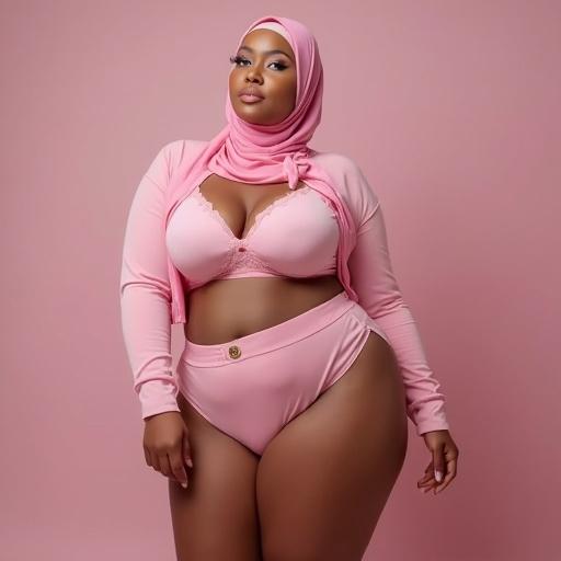 Generate a full body beautiful hijabi woman in pink lingerie with a short hijab. The woman is tall and curvy with wide hips and a large chest. Defined natural chubbiness features are present.