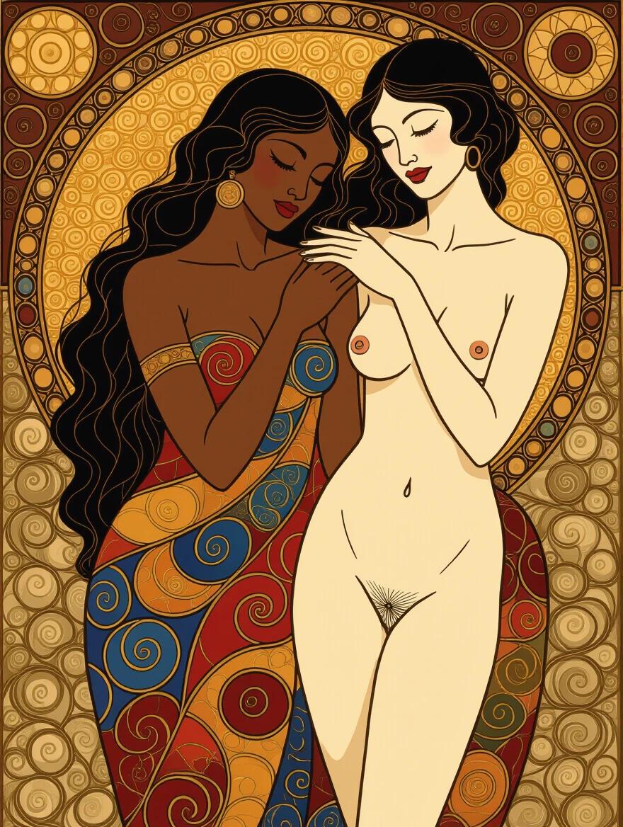 Artwork featuring two women in an embracing pose. One has dark skin and colorful attire, the other has pale skin with no clothing. Elegant curves and intricate background patterns.