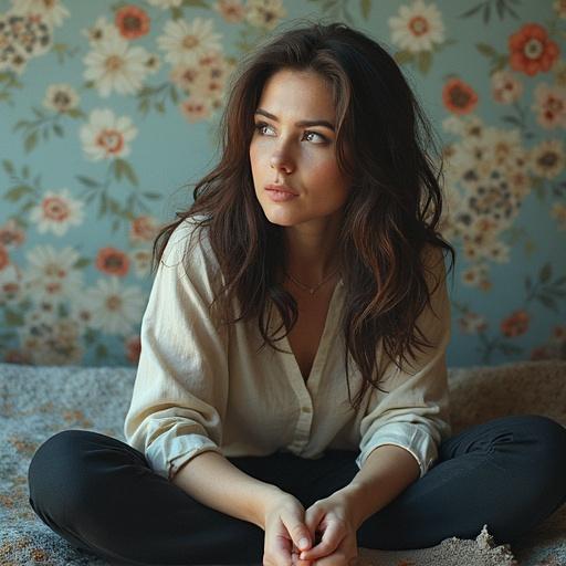 A woman sits on a bed in a cozy home environment. Soft natural light enhances her features. Flower-patterned wallpaper adds warmth to the scene. She has long hair and an introspective expression, dressed casually in a light shirt and pants. The mood feels relaxed and intimate.