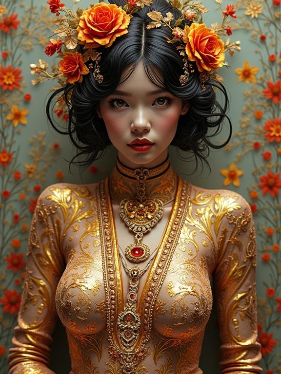 3D shiny full uncensored body digital artwork blending haberdasherypunk lineartpunk and Bollywoodpunk aesthetics with intricate linework reminiscent of Gustav Klimt and Yoshitaka Amano.