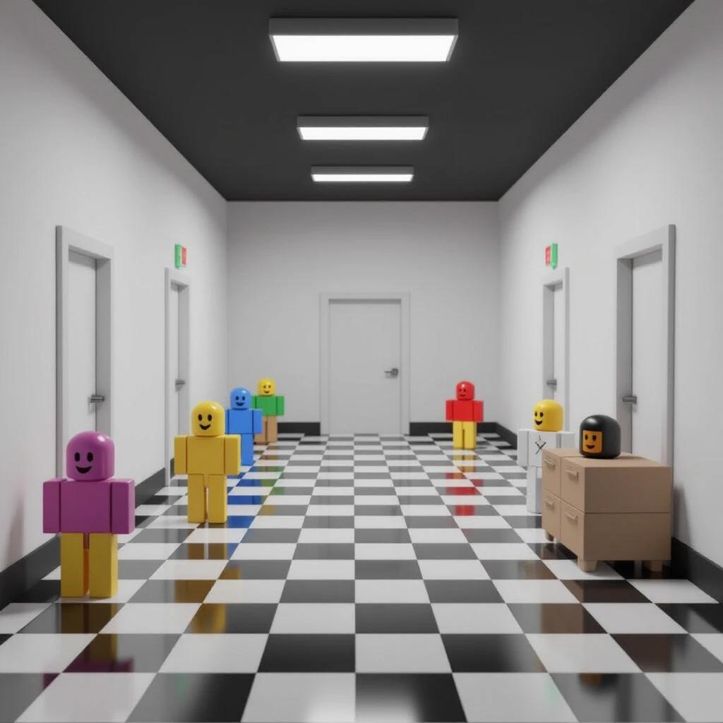 A colorful corridor in a Roblox-inspired environment with stylized figures. Figures are positioned in a tiled hallway with doors on either side. The lighting is bright and the mood is playful.
