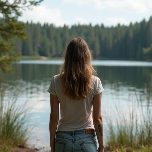 Serene lake scene with a young woman standing by the water. Background features a lush pine forest and a shore with reeds and grass. Composition emphasizes calmness and connection to nature.