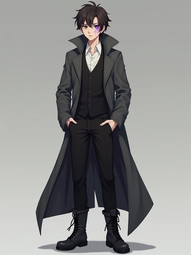 Anime character wearing stylish black vest and trench coat. Character has athletic build and tousled dark brown hair. Dark grey combat boots complement black pants. Focus on unique fashion style without facial details.