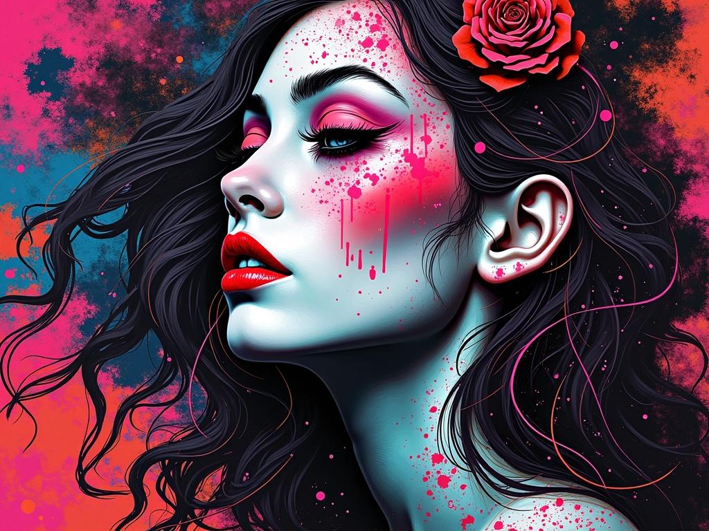 Portrait artwork created in geometric abstraction style. Incorporates elements of neonpunk and radialpunk. Features vibrant colors with intricate detailing. Inspired by artists like Hugo Simberg and Ray Caesar. The piece is visually stunning and thought-provoking.