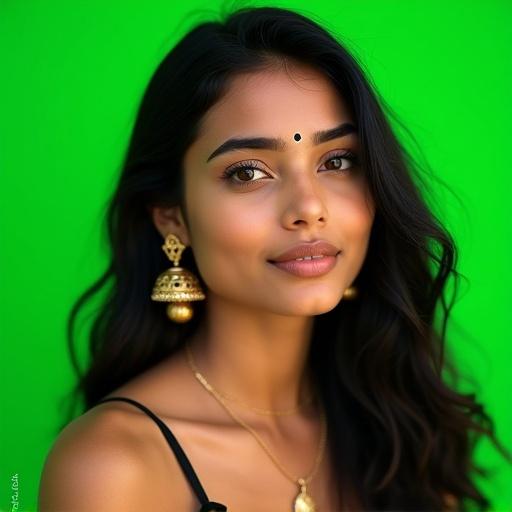 Image of beautiful young woman with Indian features. Long dark wavy hair. Wearing traditional gold earrings and bindi. Upper body and décolletage visible. Vibrant fluorescent green background. Soft even lighting. Highly detailed photography.