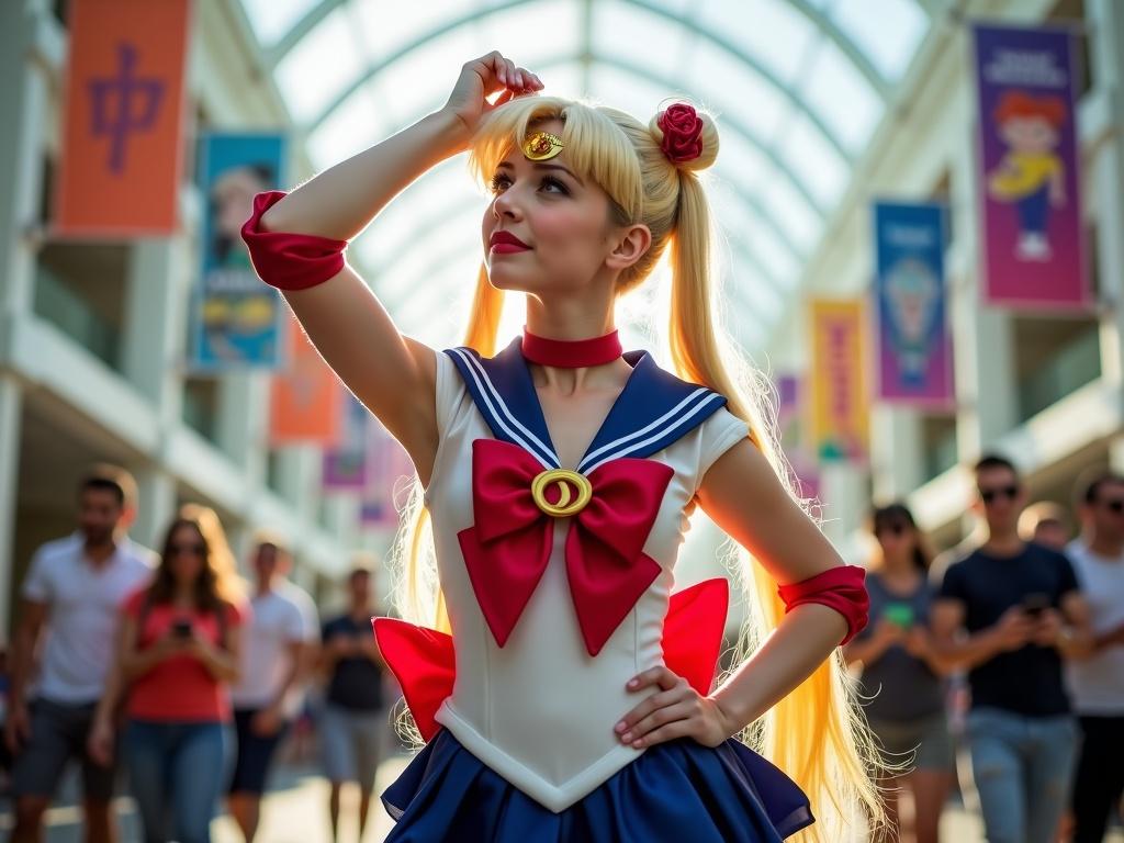 A young cosplayer embodies Sailor Moon in a transformation stance. Uniform is navy blue with golden crescent motifs. Arms raised towards skylights in a convention hall. Sunlight filters through crowds, highlighting red bow and metallic tiara. Windswept blonde ponytail in motion. Attendees capture the moment under colorful anime banners.