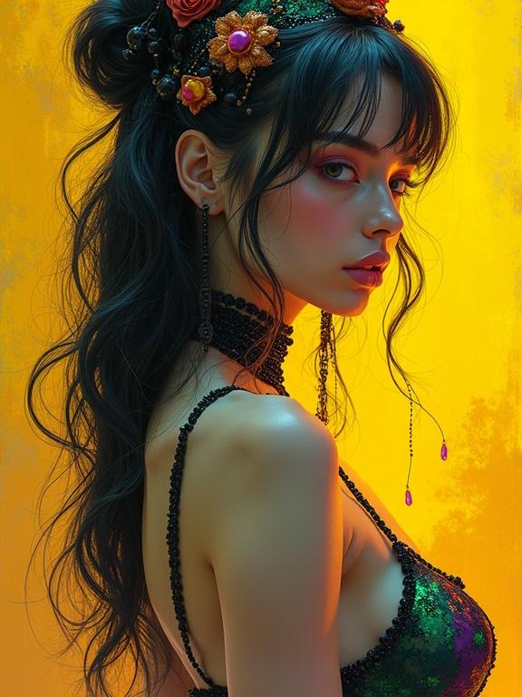 Surreal whimsical portrait of a lady in vivid, eccentric attire. Focus on intricate details and hyper-realistic features. Background features contrasting shades of yellow ocher and burnt sienna.