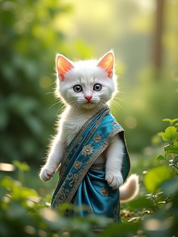 White kitten dressed in a blue silk saree standing amongst greenery in sunlight