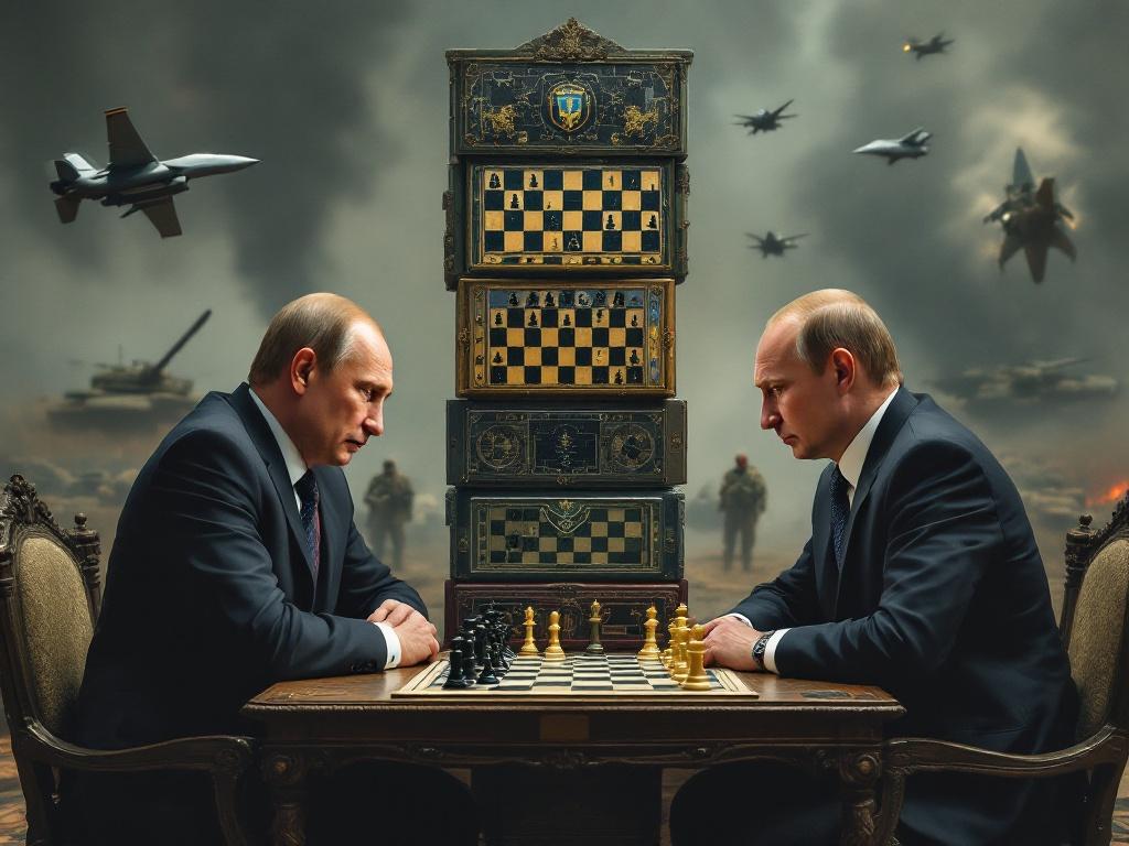 Depict two leaders playing chess on a stack of gameboards. Background features military vehicles like tanks and aircraft. Focus on the intense atmosphere.