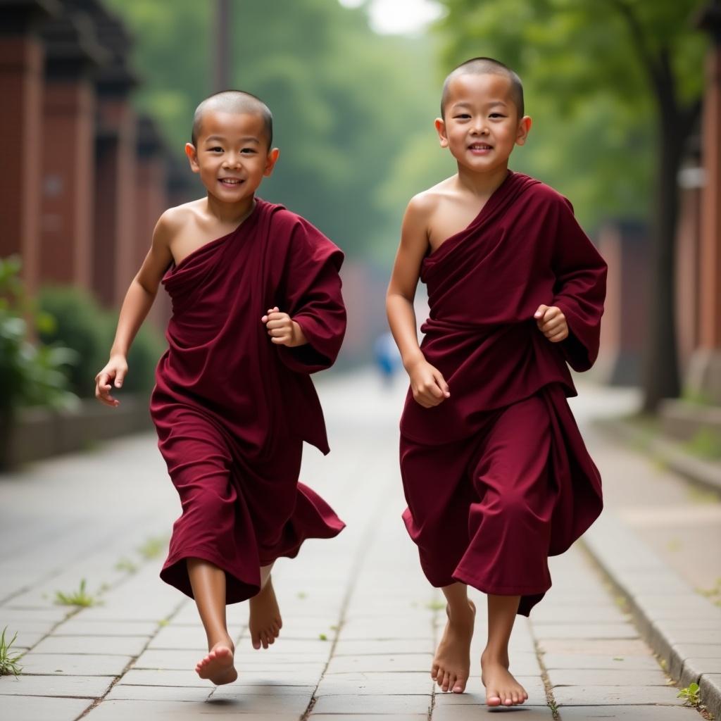 Two young monks in maroon robes are running joyfully. The scene captures their playful energy amidst a natural background.