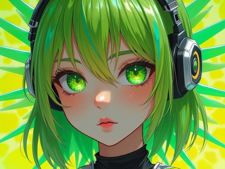 Bright surreal art features a close portrait of a young female. She has vivid green and yellow eyes, wears headphones, and has shoulder-length hair with green and yellow stripes and silver tips. Her shirt is black and white. Pale skin shows green and yellow stained glass patches resembling blades, surrounded by crystals and bold neon colors.