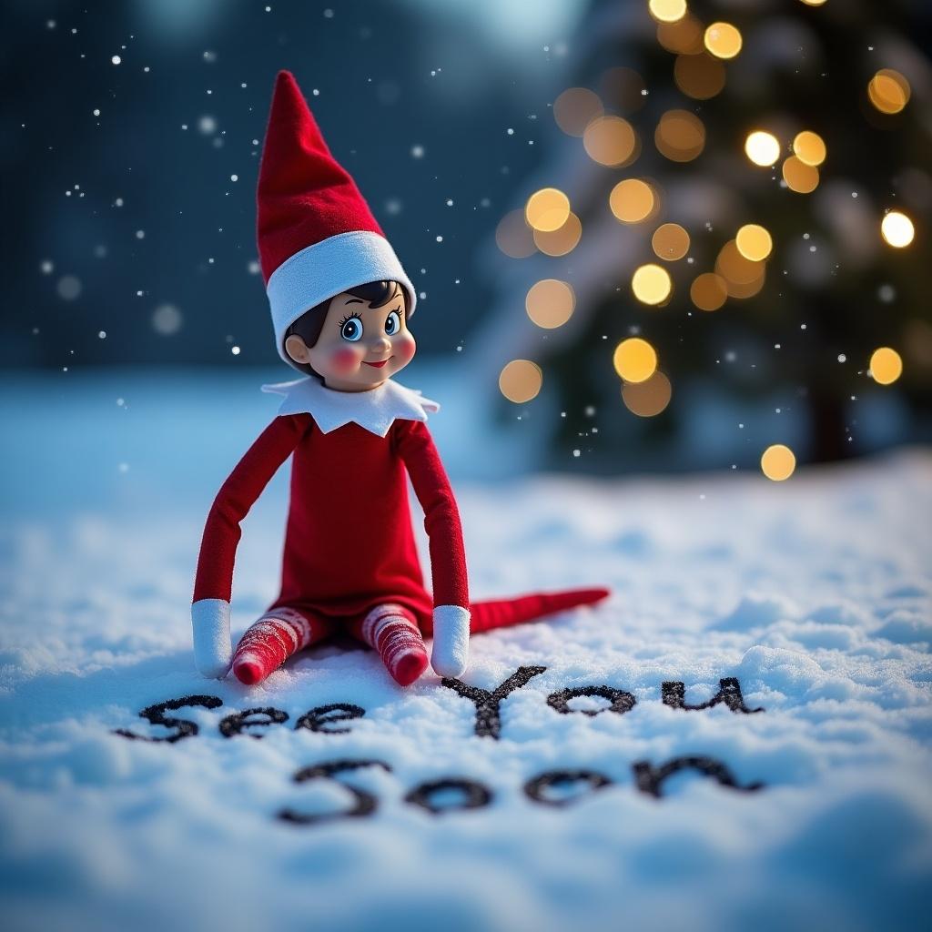 An elf on the shelf is depicted writing the words 'See You Soon' in the snow outside. The elf wears a classic red outfit with white trim and has an engaging smile. In the background, there are northern lights adding to the festive atmosphere. The snowy landscape creates a tranquil winter scene filled with holiday charm. This setup embodies the holiday spirit and showcases the beloved tradition of the Elf on the Shelf.