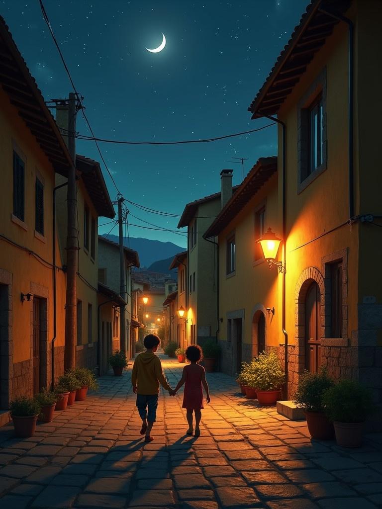 A small Italian village bathed in night magic. Children hold hands walking down a cobblestone street. Soft street lamp light illuminates the surroundings. The moon glows in the sky above. The scene embodies childhood innocence and the beauty of life.