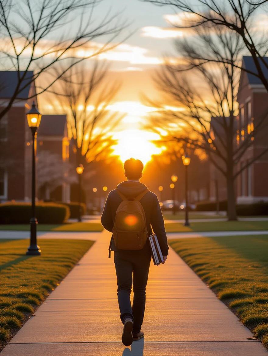 Student walks through campus at sunset. Books in hand. Looking toward bright horizon. Symbolic of commitment to growth. Golden hour with soft lens flare. Emotional and inspiring cinematic frame.