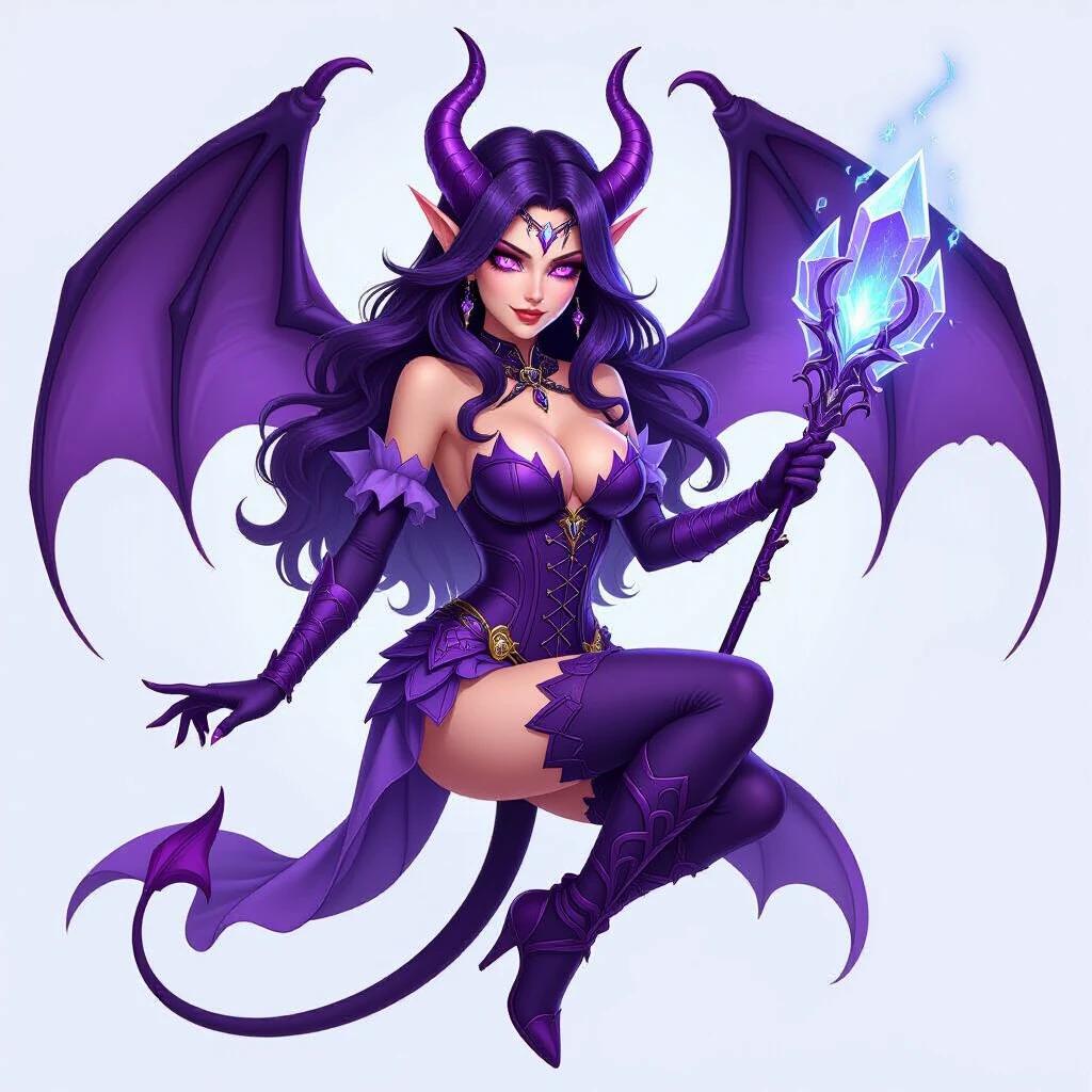 A female demon sorceress with long purple hair glowing purple eyes and a seductive smile. She has large bat-like wings in violet and indigo tones. Curled purple horns and a long pointed tail. She wears a corset-like armor in deep blues and purples with thigh-high stockings. Holds a blue glowing magical staff. Dynamic pose floating with one leg bent. Ultra-detailed anime style on a clean white background.