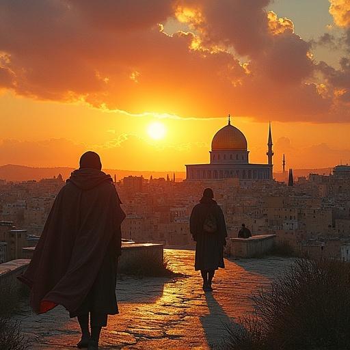 Cityscape of Jerusalem during sunset. Silhouettes of people walking. Prominent dome visible against the colorful sky. Warm sunset colors in the background. Cultural and historical significance of the location apparent.
