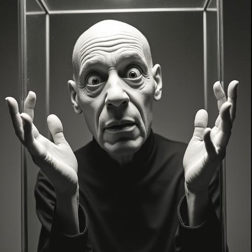 Mime artist with a grotesquely squashed face against an invisible surface. Cheeks flattened, eyes bulging in silent protest. Performing the invisible wall routine with precision. Illusion of being trapped in a glass box.