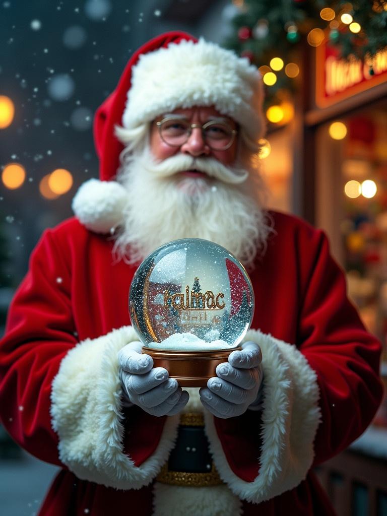 Christmas scene features Santa Claus in red and white suit holding a snow globe. Snow globe contains the name a computer software with falling snow. Background shows a toy shop with festive decorations and glowing lights.