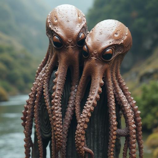 Two alien octopuses in action. The background features a natural landscape with water. Octopuses show intricate designs and textures, creating a surreal look.