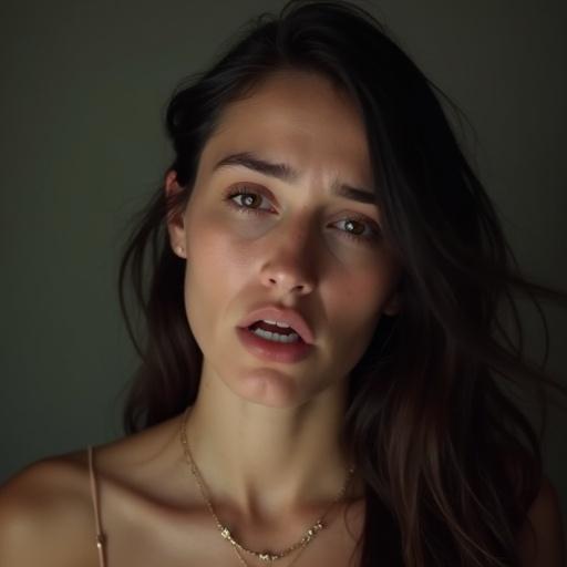 Young woman with long dark hair wearing a delicate necklace. Eyes glistening with tears. Expressing heartfelt emotions through a passionate love declaration.