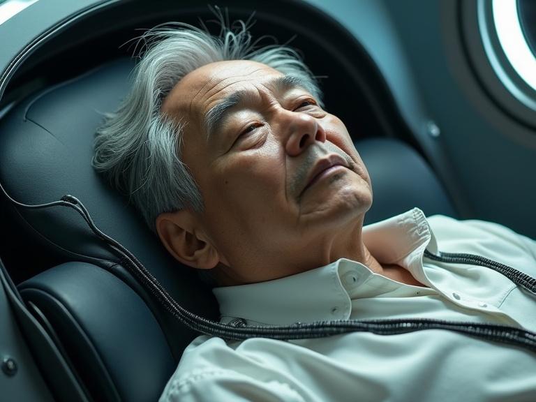 A realistic photo of an elderly Asian man resting inside a futuristic capsule with wires on his head and closed eyes.