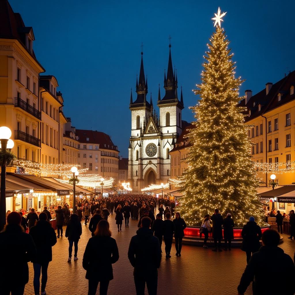Christmas market scene in a city. Crowded market square during the holiday season with a large decorated Christmas tree. Historical buildings in the background. People walking and enjoying the festive atmosphere.