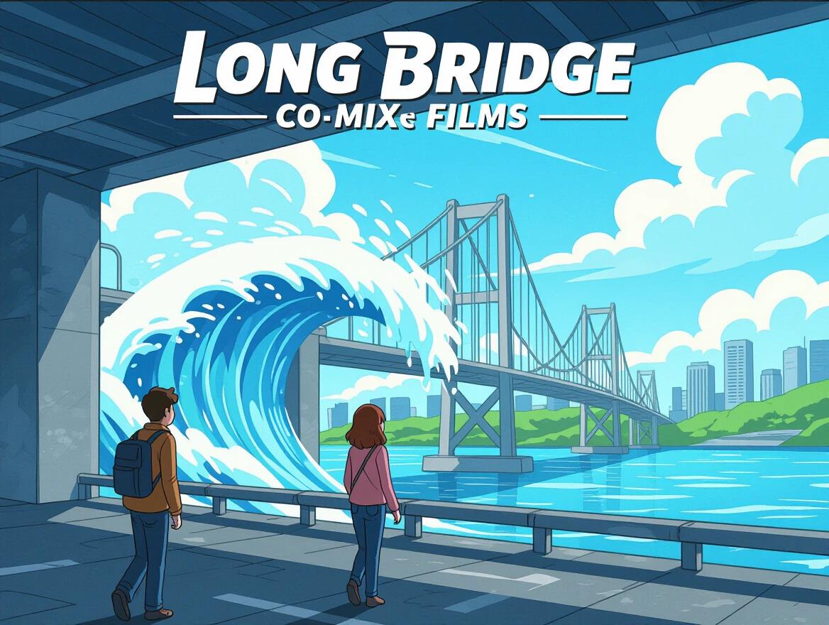 An animated scene showcasing a large wave crashing near a long bridge. The bridge connects urban structures in the background. People stand nearby enjoying the view. It has a colorful and vibrant aesthetic, typical of animation.