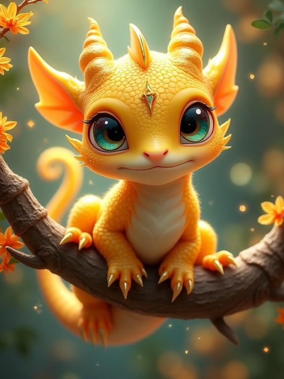 Young dragon-like creature perched on a branch among glowing blossoms. It has golden-yellow scales, large curious eyes, and decorative frills. The scene is set in a warm magical environment with a fairy tale vibe.