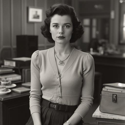 1950s married secretary wearing cropped cardigan cashmere top with tight sleeves in vintage office setting