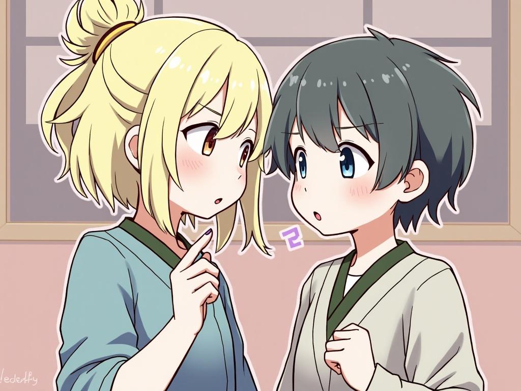 Two anime-style girls talking together. One girl has long blonde hair and the other has short dark hair. Both wear casual clothing. The scene is set in a softly lit room with a warm atmosphere.