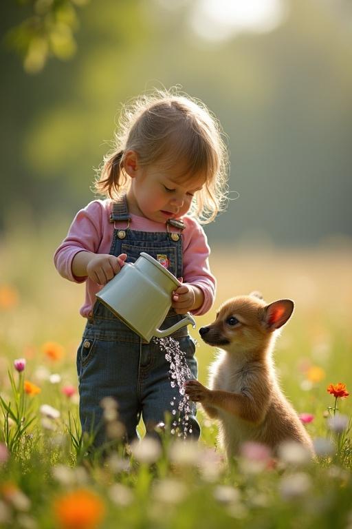 A child plays in a flower field while watering plants. A curious puppy watches nearby. Vibrant colors surround a joyful scene.