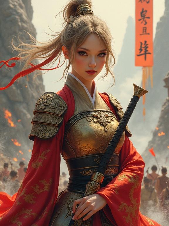 Ultra-detailed portrait featuring a character resembling a Three Kingdoms warlord wearing Han dynasty armor. Character design includes phoenix motifs and a crimson silk underrobe with golden cloud patterns. The style blends traditional Chinese ink painting textures with anime-inspired linework. The composition shows a dynamic 3/4 view pose holding a guqin-shaped sword with flowing sleeves. Background features a misty mountain battlefield with burning war banners. Key details include signature makeup reimagined as warrior's face paint. Lighting is dramatic with chiaroscuro effects. The art medium is digital gouache that mimics silk scroll texture.