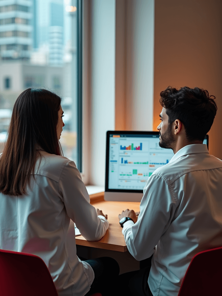 Two people working together in an office, analyzing graphs on a computer screen by a city window.