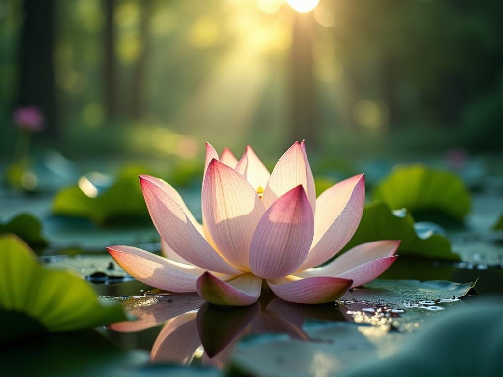 A lotus flower floats elegantly on a tranquil pond, its pink and white petals catching the soft glow of early morning light. The sun's rays filter through the surrounding lush greenery, creating a serene and peaceful atmosphere. Droplets of water rest delicately on the lotus leaves, adding a touch of freshness to the scene.