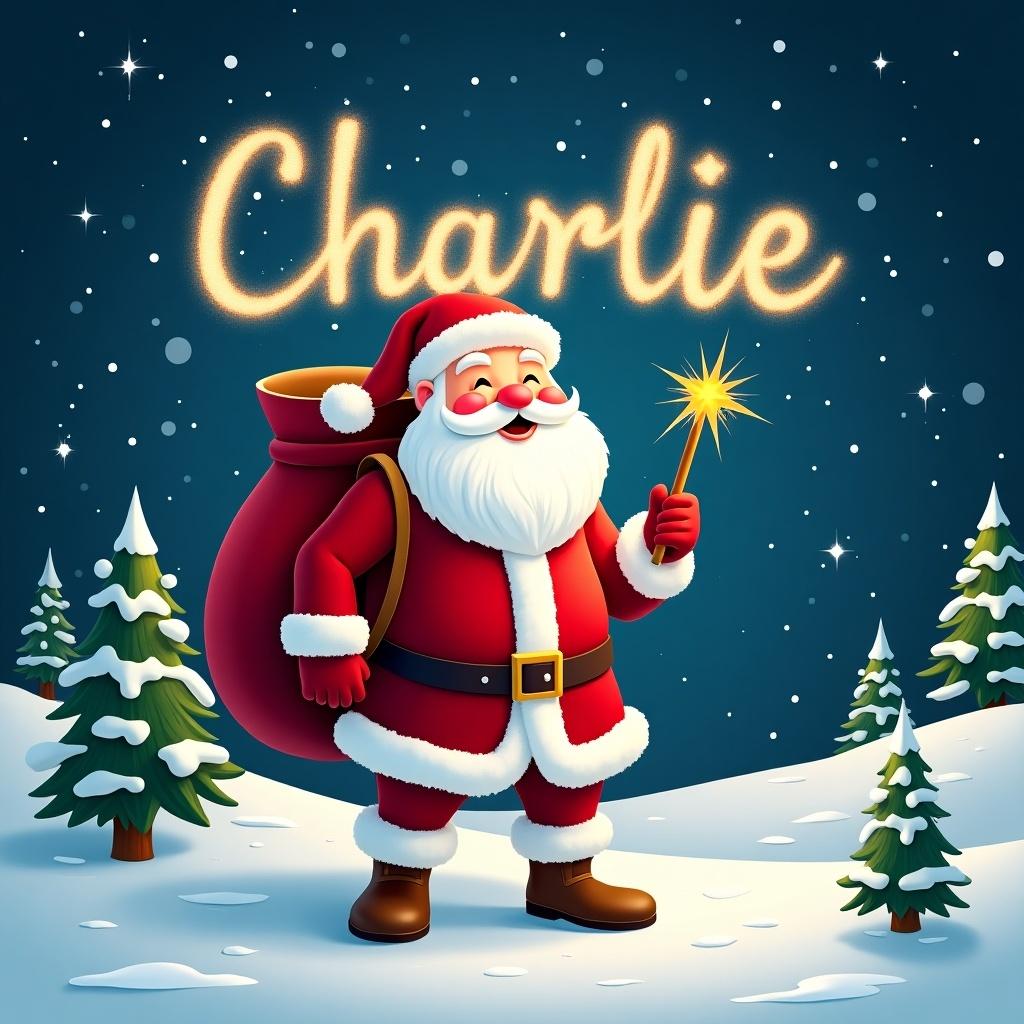 Colorful illustration of Santa Claus in a snowy scene. Large red sack on shoulder. Holding a sparkly wand. Traditional red and white outfit with boots. Twinkling stars in night sky. Pine trees in snow. Name Charlie in sparkles in the sky.