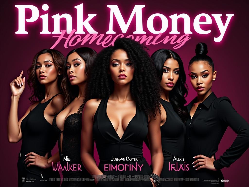 Create a movie poster for a film titled "Pink Money Homecoming." Use the existing image as the background, featuring strong, confident individuals dressed in sleek, black outfits. Adjust the lighting to create a dramatic and intense atmosphere, highlighting the characters’ expressions and body language. Use bold, eye-catching fonts for the movie title, positioned prominently at the top. Add the names of the characters, such as Mia Walker, Calah Brown, Jushawn Carter, and Alexis, in stylish typography at the bottom. Ensure the overall design reflects a sense of empowerment and intrigue.