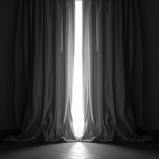 Illustration or photograph of a heavy textured curtain in a dimly lit room. Curtain fills frame. Soft directional lighting creates glowing effect on one side. Partially open with small gap in center. Strong contrast between light and shadow. Evokes mystery and anticipation.