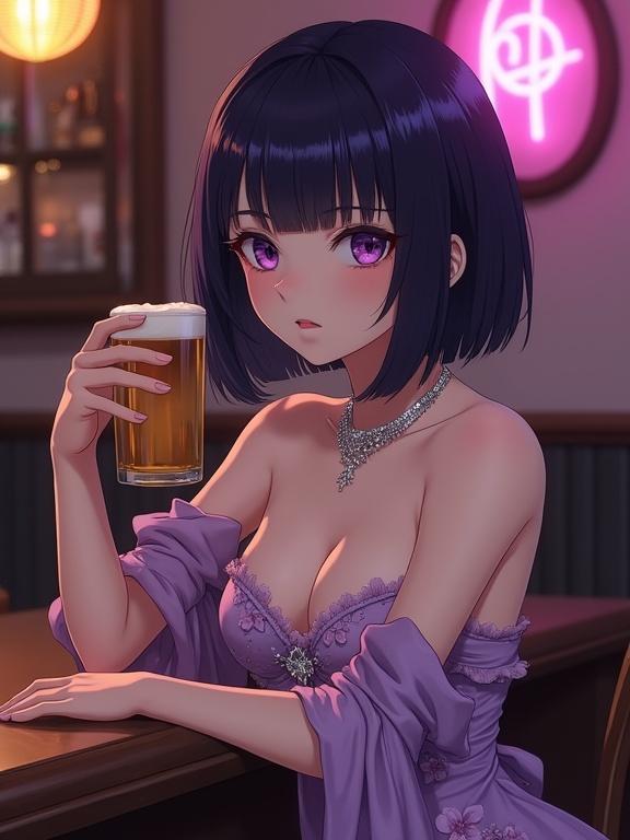 Anime lady with fair skin and dark violet bob haircut. She has violet eyes and wears a lilac gown with floral patterns. Sitting at a bar, holding a beer glass. Vintage decor around her. Calm and confident demeanor.