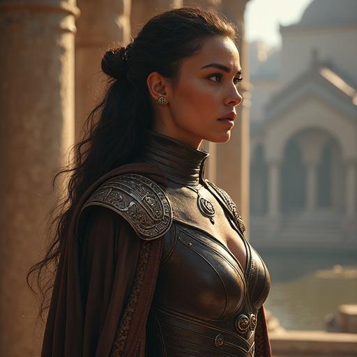 Female commander named Liraya from Velaria. She is brave, strategic, and beautiful. Displays sassiness, loyalty, and wisdom. Dressed in armor with intricate designs. Background includes architectural elements.