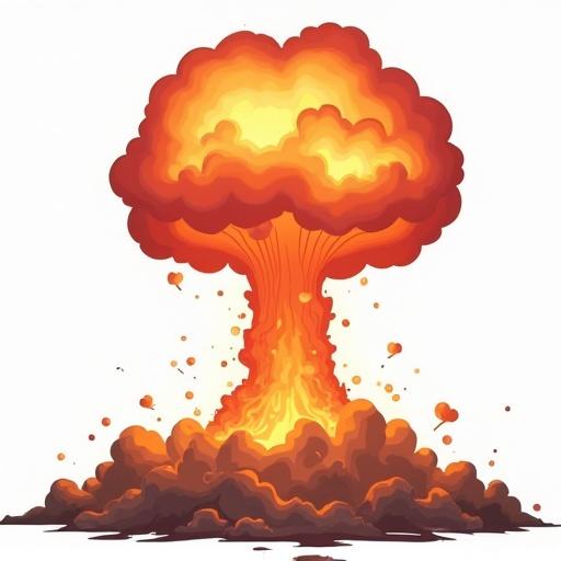 Vector illustration of a nuclear bomb explosion with a mushroom cloud on a white background. Bright colors with fiery details and smoke. Dynamic composition showcasing destruction and power.