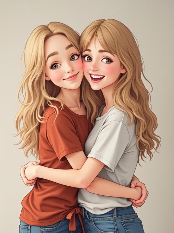Two girls embracing. They smile at the camera. Both girls have light hair. They wear casual outfits. The background is neutral. Their expressions show warmth. Their bodies are fully visible.