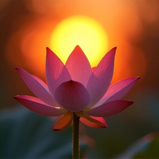 Close-up of a lotus flower at sunrise. The sun rises behind the lotus, creating an illusion that the sun is emerging from the flower. Rays of light spread in all directions.